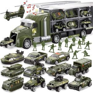 JOYIN 25 in 1 Green Military Big Truck Toys, Army Men Tanks Set with Soldier Men